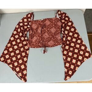 Brown Orange Aztec Geometric Paisley Boho Long Sleeve Shirt Top Blouse Size S🤎🧡✨